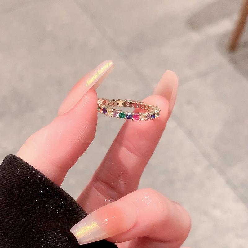 High-End Retro Rainbow Gemstone Zircon Open Ring - Women's Pinky Diamond Ring