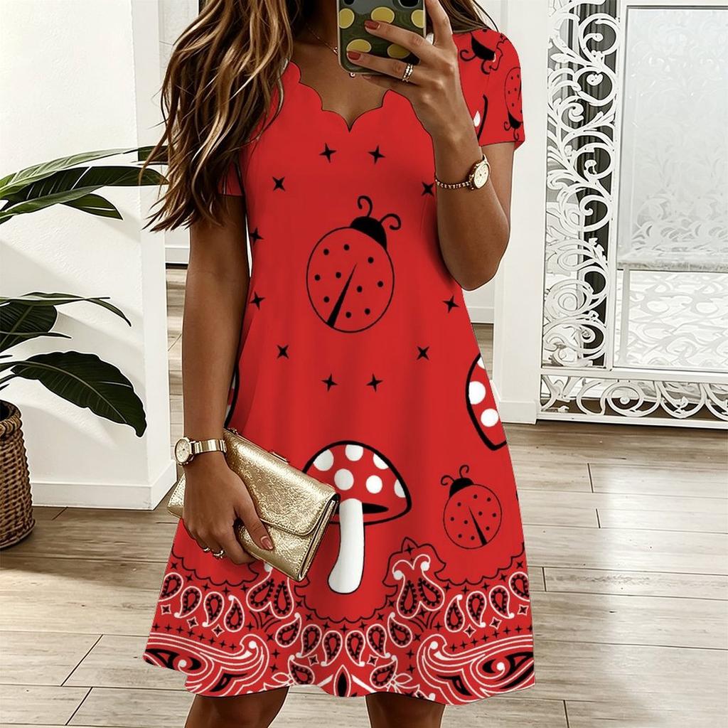 Ladies V Neck Retro Botanical Printed Plus Size Dress Summer Short Sleeve Loose Tunic