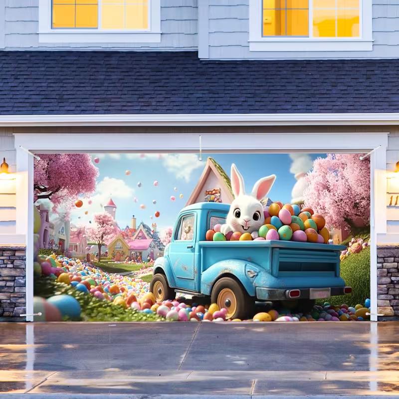 2D Easter Bunny Truck Backdrop Cloth Spring Cherry Blossom Village Outdoor Decor