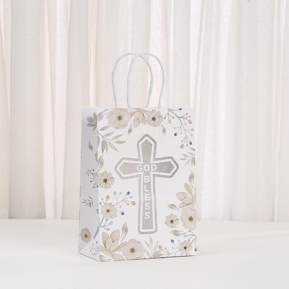StoBag, God Bless Floral Cross Gift Tote Bags, Perfect for Baptisms, First Communion Weddings Christian Party Supplies