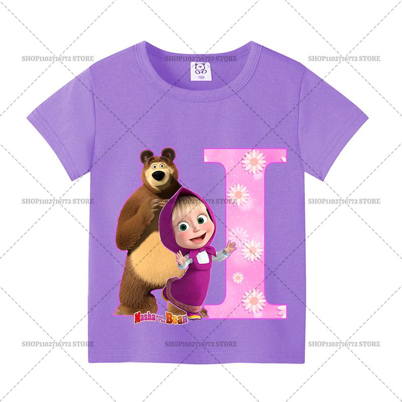 Mashas and The Bear Summer T-shirt Girl Children Tops Cute Cartoon Letters A-Z Print Clothing Short Sleeve Kids Casual Clothes