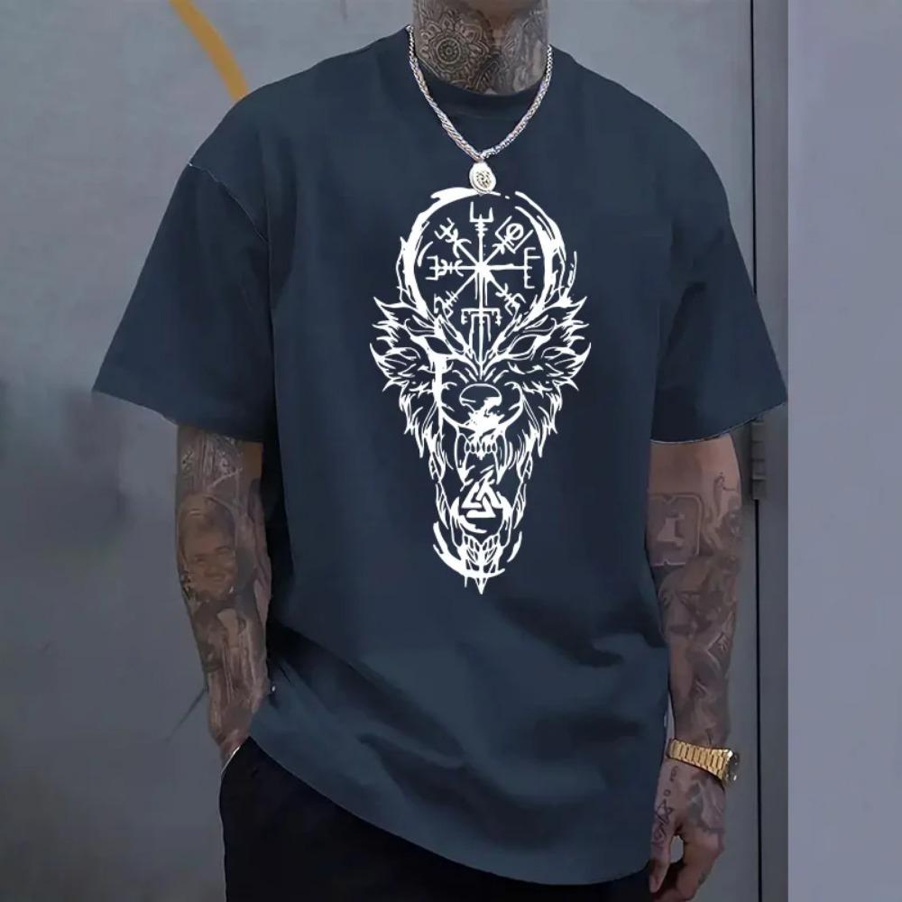 Men's casual T-shirt O-neck short sleeved top ancient crow wolf men's home outdoor comfortable soft T-shirt