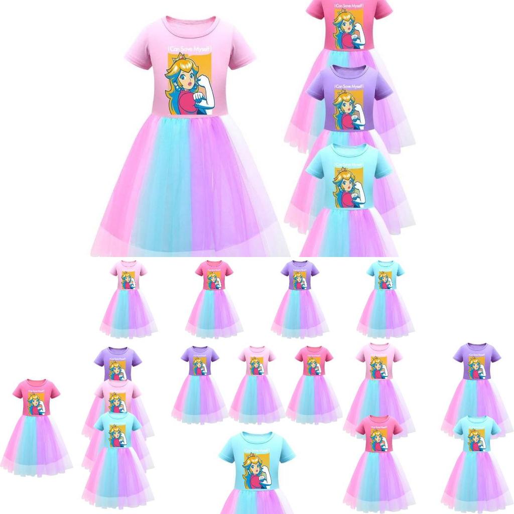 Vestido de Renda Arco-Íris Super Mario Princesa Peach para Meninas em Roxo, Vermelho e Rosa