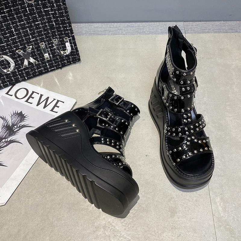 Fashion 2025 Gladiator Wedge Sandals Women's Summer New Fish Mouth Hollow Waterproof Rivet Platform 10cm Heightened Roman Sandals Boots