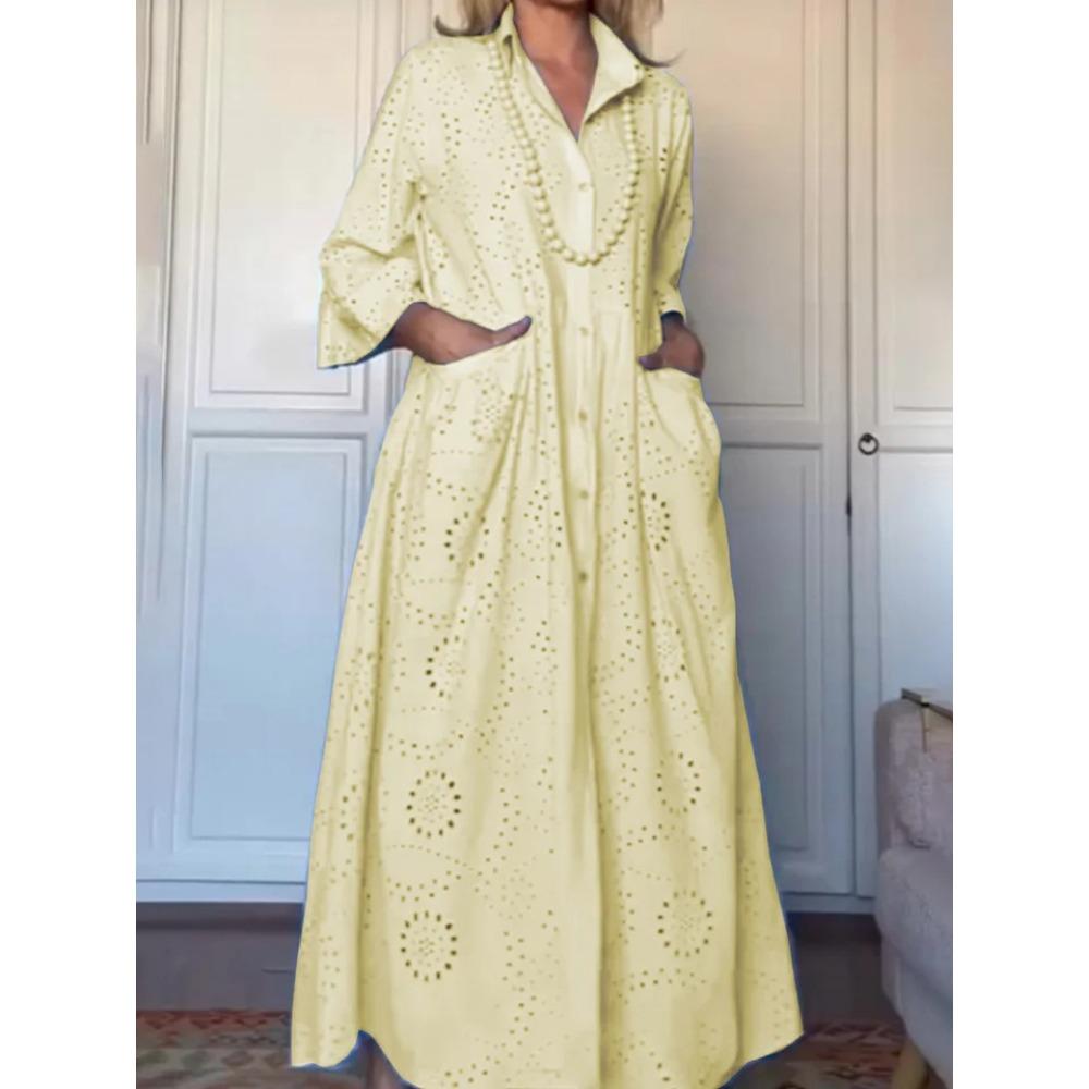 Spring and Autumn Solid-color Shirt Collar Loose Embroidered Cutout Large-sized Shirt Dress