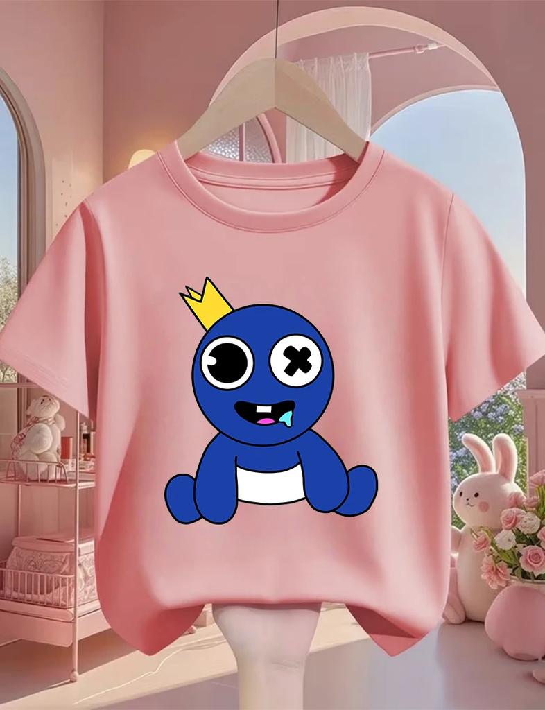 Rainbow friend cartoon pattern boy and girl summer cute round neck fashionable casual short sleeved top