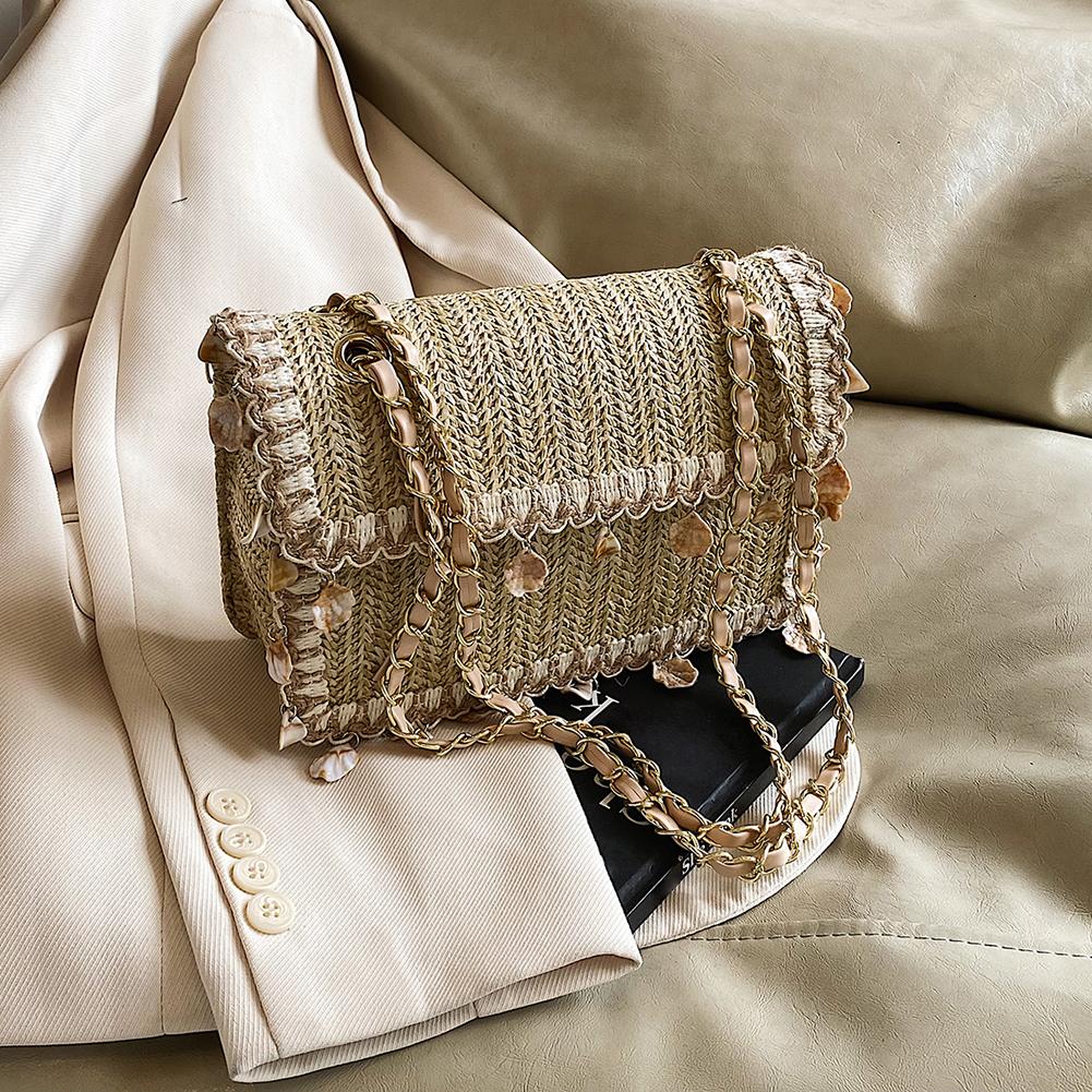 

Women Stylish Knitting Sling Bag with Chain Shell Tassel Satchel Bag Large Capacity Flip Small Square Bag Travel Vacation Bag хаки
