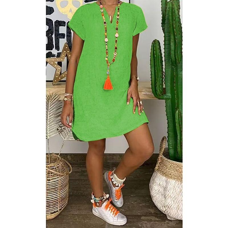 Summer Loose Short Sleeve V-neck Short Dress Women Plus Size Fashion Elegant Thin Party Casual A-line Dress Female Simple Solid Color Women's Clothing