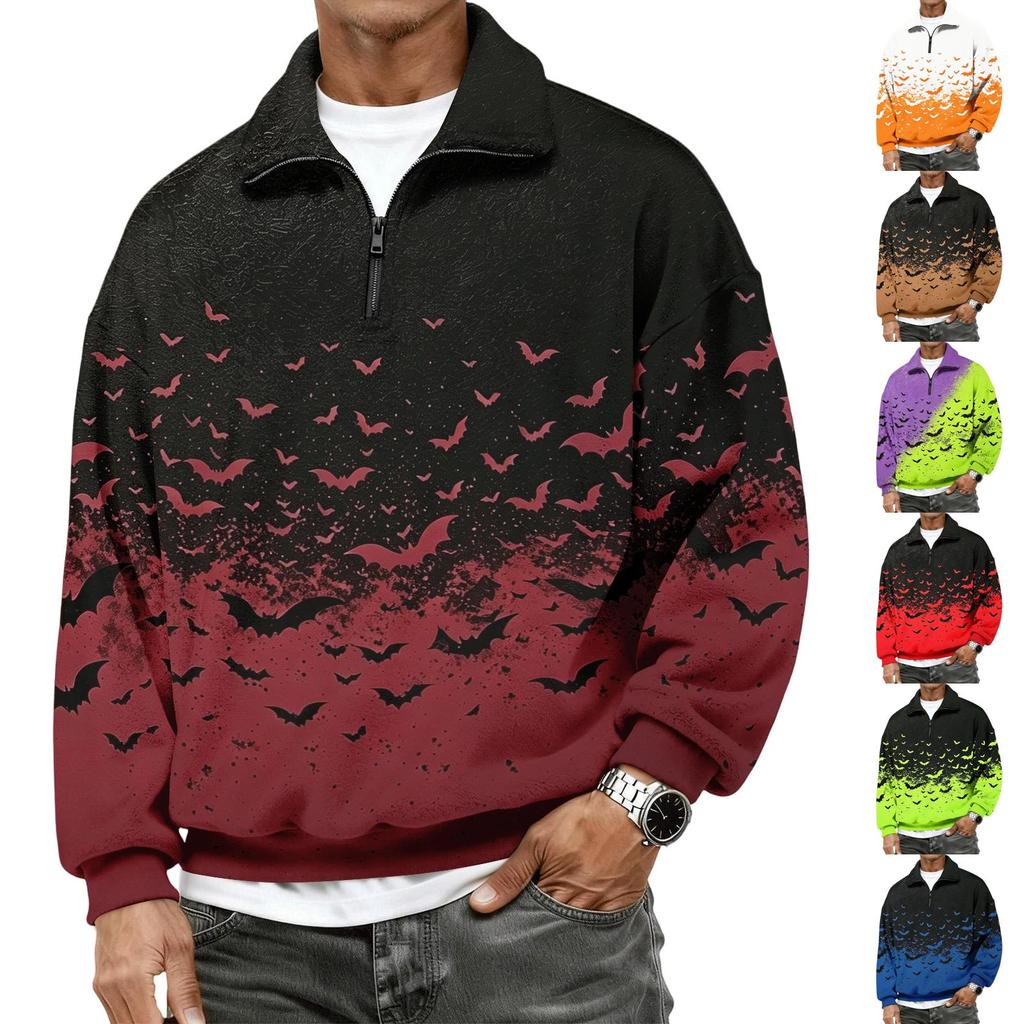 Men's Flannel 1/4 Zip Long Sleeve Sweatshirt with Halloween Print for Casual Wear