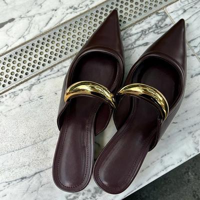 Summer Pointed Toe Women Slippers High Quality Shallow Mouth Women Leisure Mid Heel Sandals Metal Baotou Sandals Sandalias Mujer
