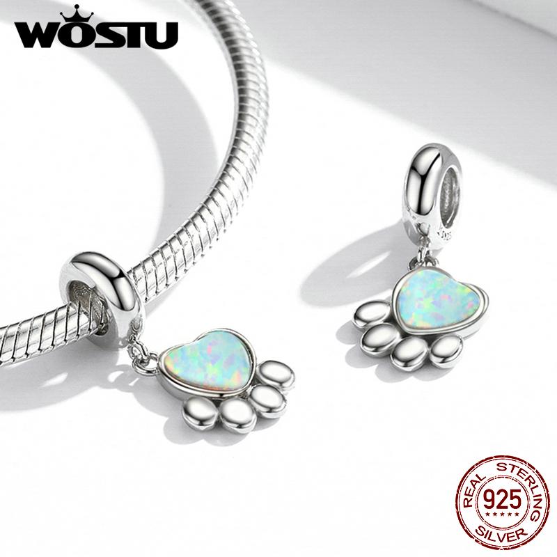 WOSTU 925 Sterling Silver Opal Paw Love Heart Wings Zircon Charms Beads Pendant Fit Original Bracelet Necklace For Women Jewelry