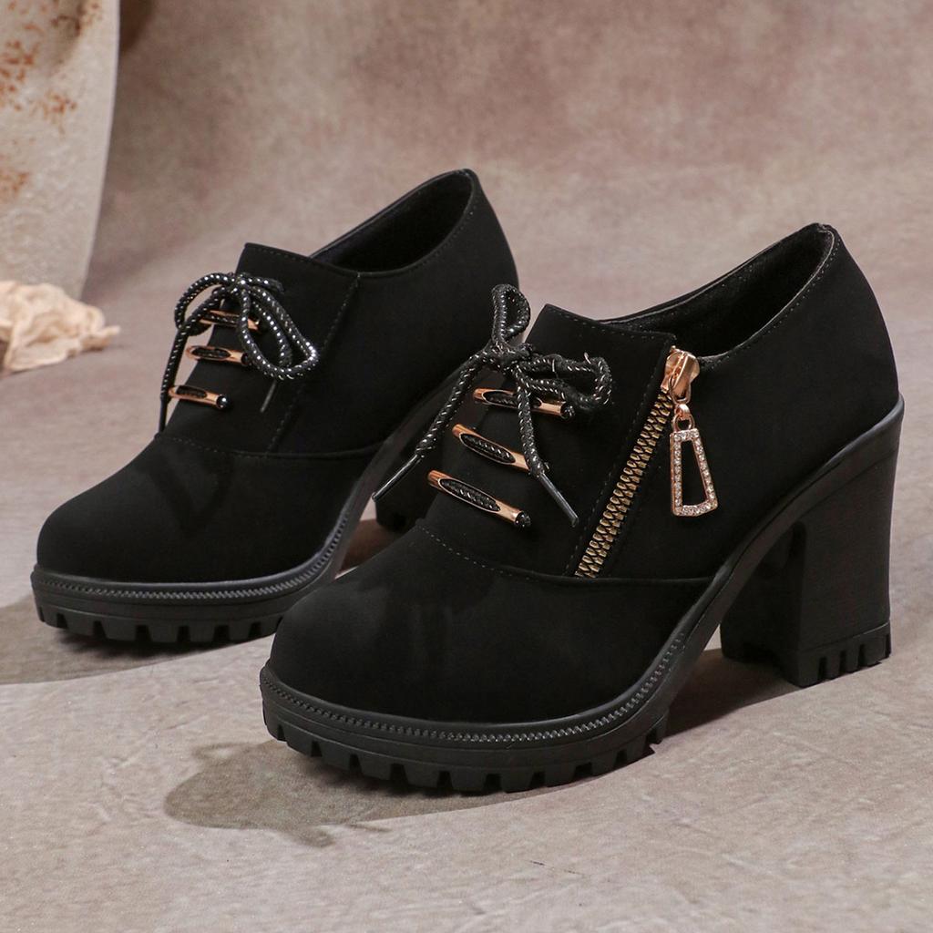 Móda Jaro Podzim Nové Kulatá špička Silný Vysoký podpatek Šněrovací Dámské Kotníkové boty Ležérní Černý Semiš Silná Podrážka Boční zip Krátké Botines