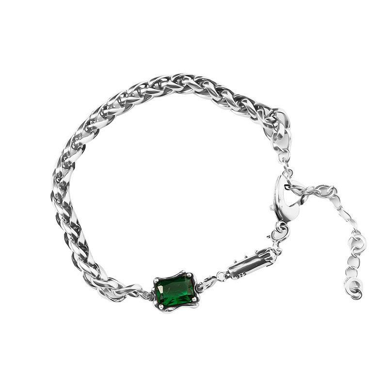 ANENJERY Grünes quadratisches Zirkon dickes Thain-Armband weiblich Vintage handgemachter Thai-Silberschmuck