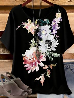 White Watercolor Flower Print T-Shirt, Women's Casual Loose Short Sleeve Crew Neck Top, Plus Size Summer Floral Blouse