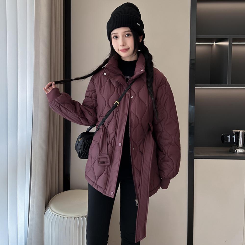 Women's Stand Collar Long Sleeve Raglan Sleeve Coat Loose Fit Casual Puffer Jacket with Belted Waist for Autumn Wear
