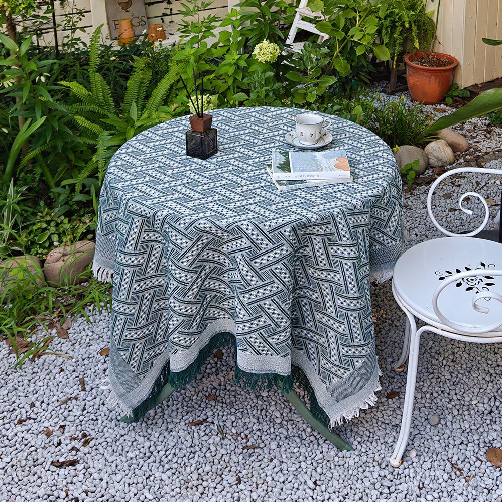 French Cream Cotton And Linen Tablecloth Photo Background Round Table Decoration Fringed Cloth Coffee Table Cover Towel Dining Table Tablecloth 90*150 зелёный