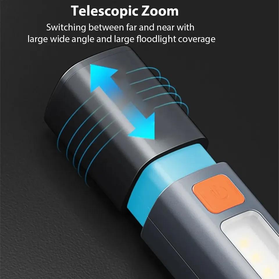 Strong Lighting ABS Flashlamp USB Charging Portable Outdoor EDC Torch Camping Hanging Flashlights Telescopic Focus COB Side Lamp