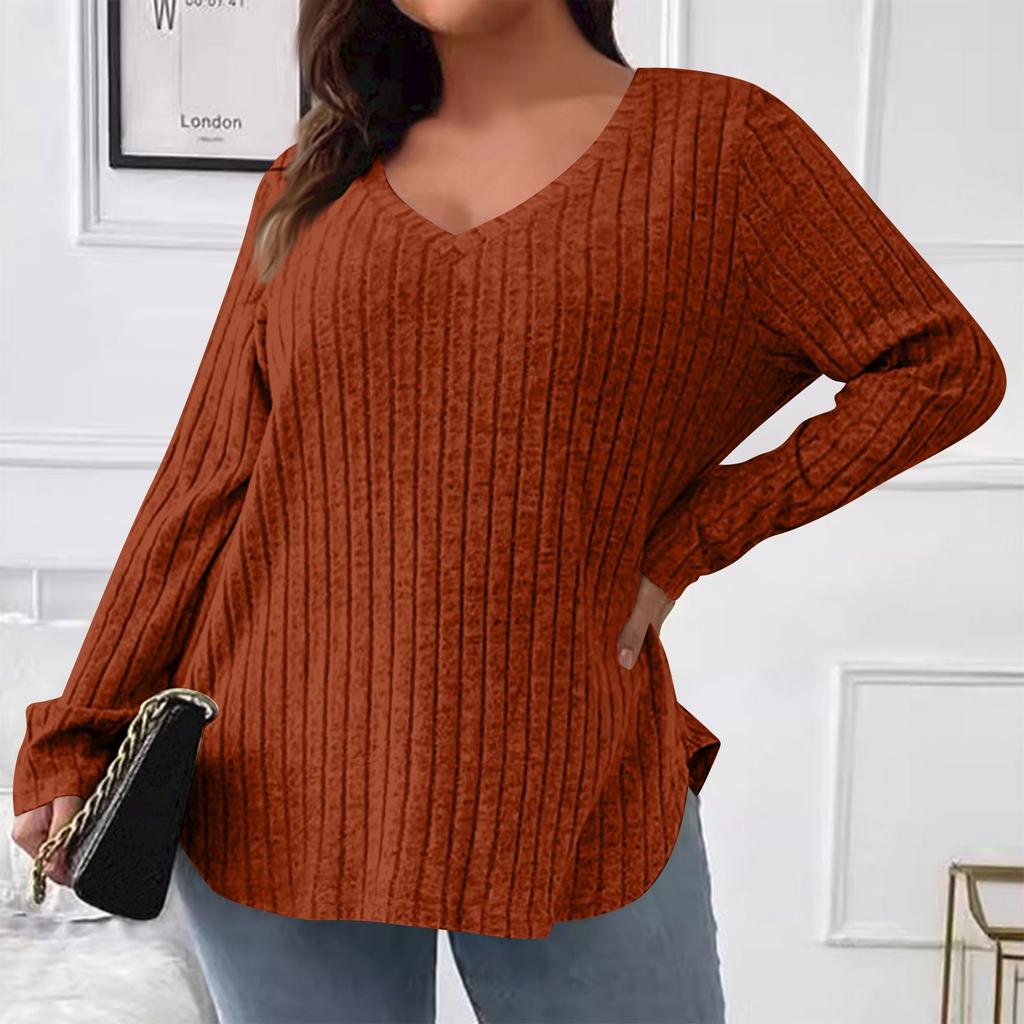 Women's  And Winter Solid Colour Plus Size Women's Tops V-Neck Long Sleeve Striped Milled Loose Pullover T-Shirt