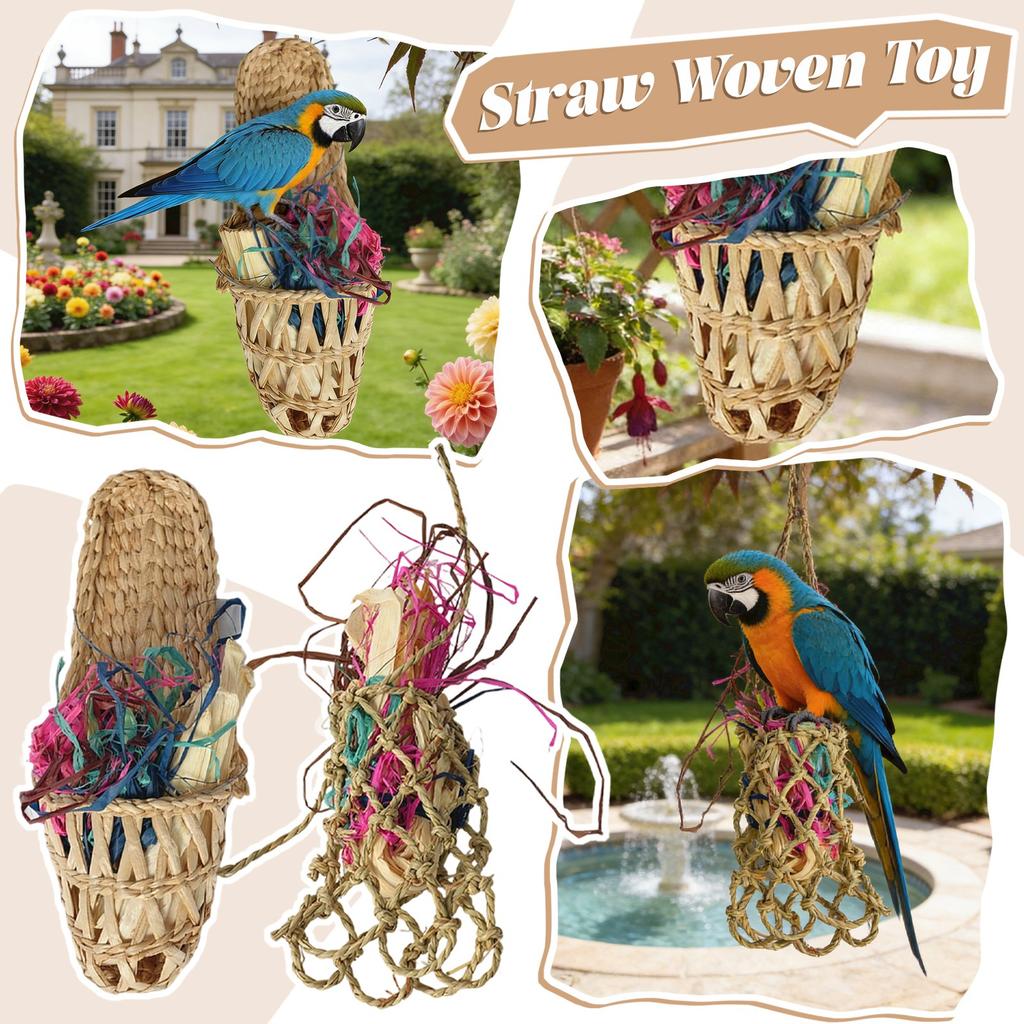 Handmade Straw Parrot Pet Decorative Toy