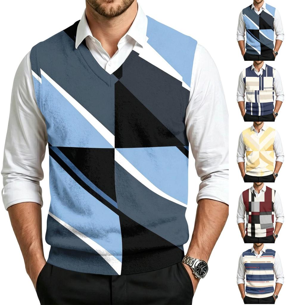 Men's Casual V-Neck Printed Wool Sleeveless Knit Vest for Commute and Daily Wear