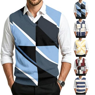 Men's Casual V-Neck Printed Wool Sleeveless Knit Vest for Commute and Daily Wear