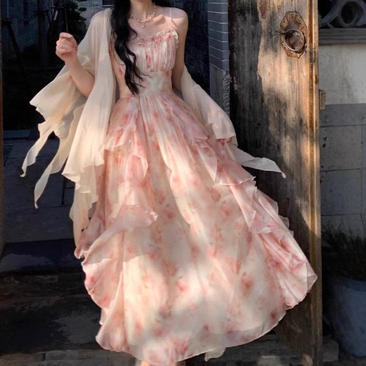 2-teilige Kleider-Sets Damen Elegant Chiffon Sommer Lässig Dünne Trägerkleid + Fee Strickjacke Vintage Anzug Auch Party