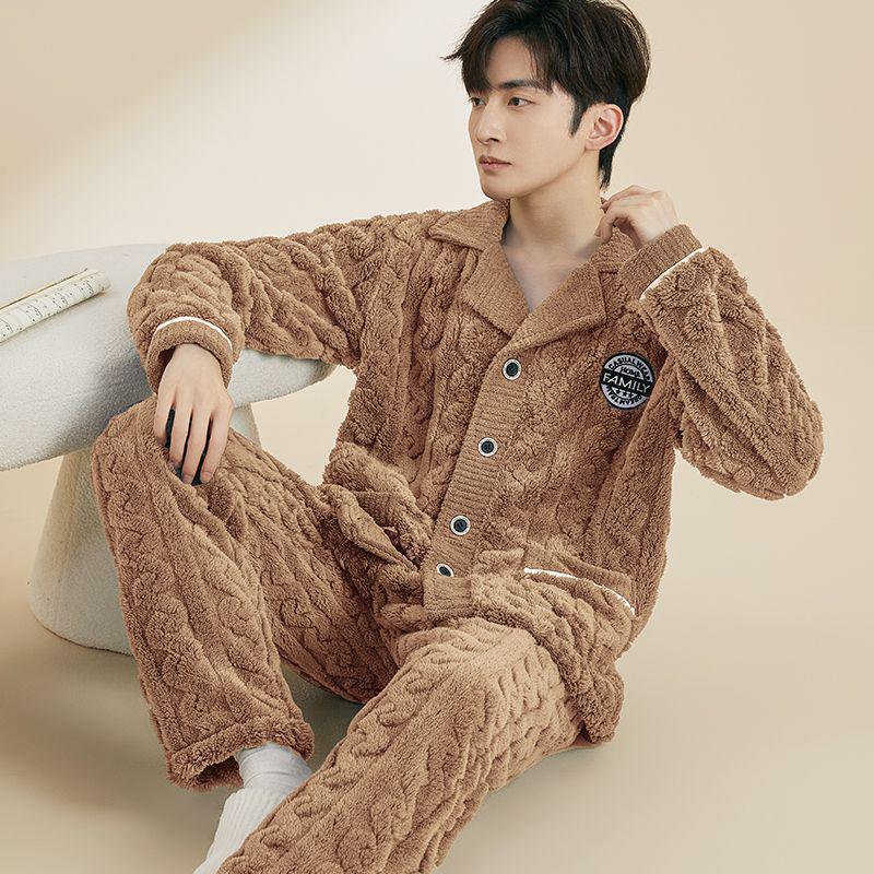 Men's Plus Size Flannel Fleece Home Wear Set - Thickened for Autumn and Winter