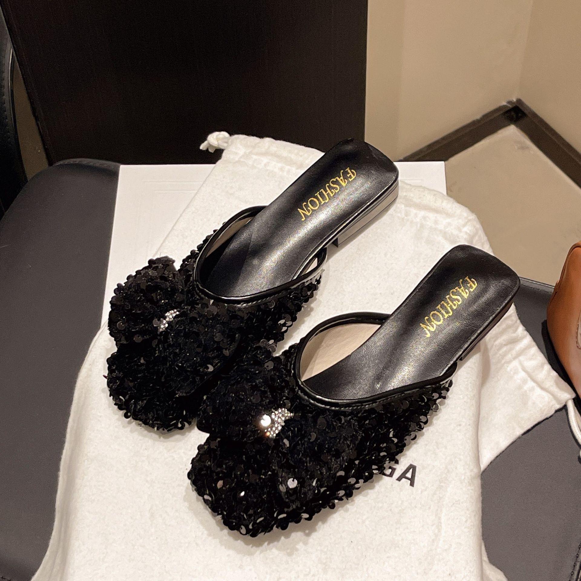 

Модные туфли-полусапожки с пайетками, женская уличная обувь, новинка лета 2025 года, сандалии на плоской подошве с бантом для ношения с юбкой 35 чёрный