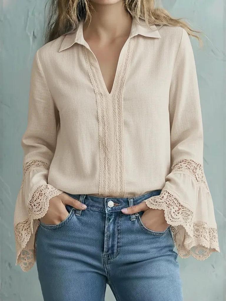 Women's Cotton Linen Lace Trim Pullover Shirt - Elegant Solid Color Design