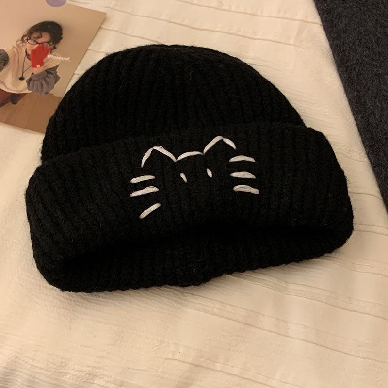 Cute cat embroidery blue knitted women's new sweet and versatile face small warm ear protector wool hat