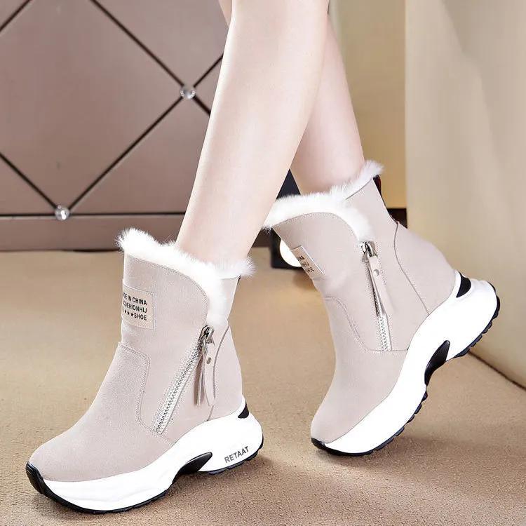 WTEMPO Women's Winter Cold-proof Non Slip Warm Plush Boots Autumn Faux Suede Mid Heel Solid Color Warm Snow Boots Ski Boots