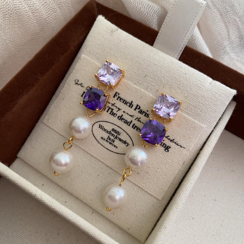 20 Purple Crystal Zircon Lavender Earrings Premium Light Luxury Baroque French Stud Earrings Stream