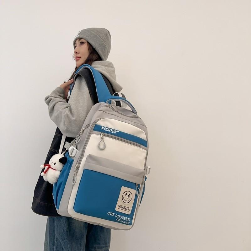 Retro Workwear Style Large Capacity Backpack Women Korean Version High School Students Color-blocking Trendy Shoulder Bag Men Travel Backpack