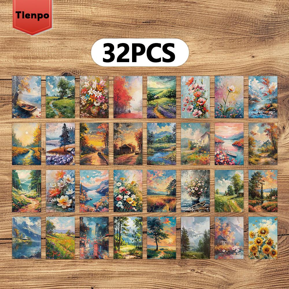 32 Stück Innendekoration Wandaufkleber 4x5,7 Zoll Nachrichtenkarten, Postkarten, Schlafzimmerdekoration, Vintage-Ölgemälde Wandaufkleber