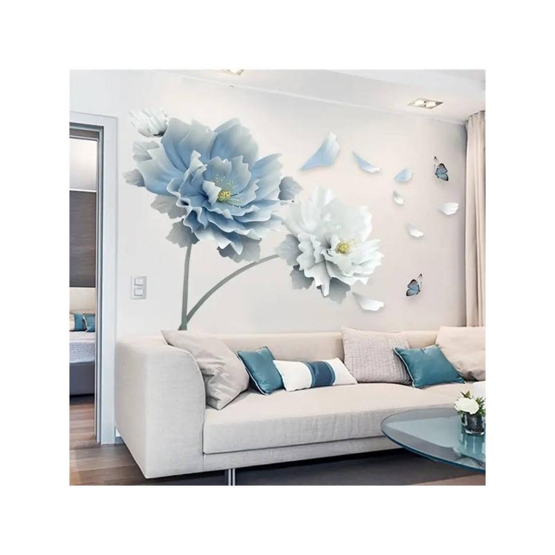 

1 шт., съемная самоклеящаяся наклейка на стену с большим синим цветочным узором для гостиной, спальни, дивана, украшение фона