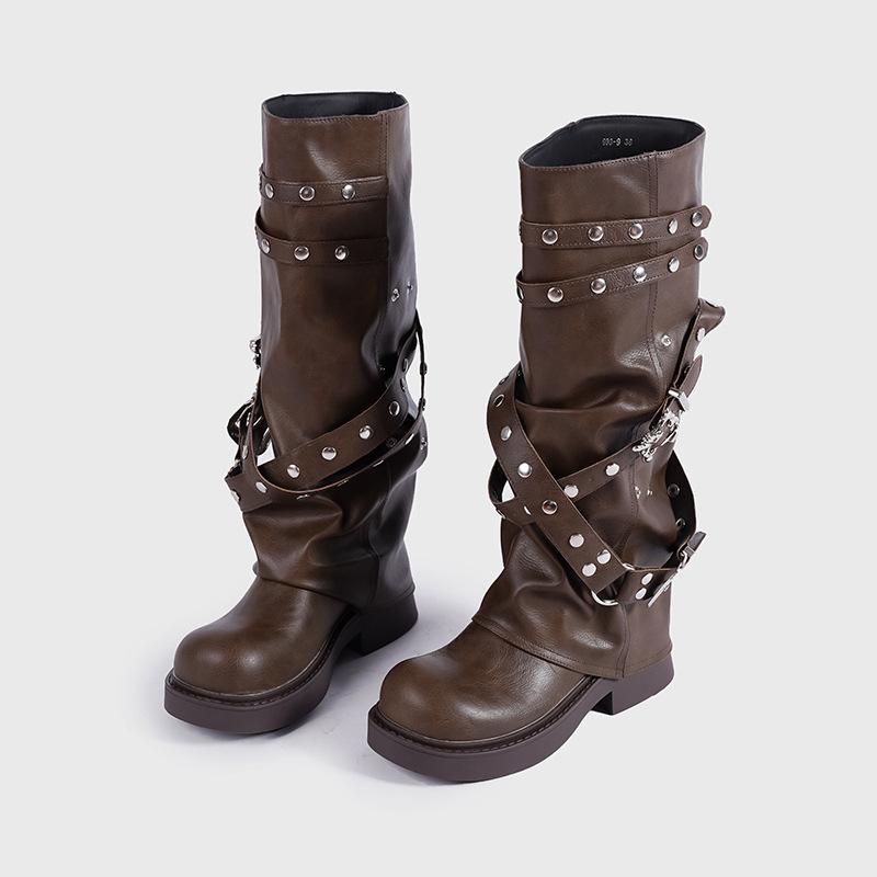 Factory customized new Maillard trouser boots women's European and American round head niche design long boots rivet knight boots