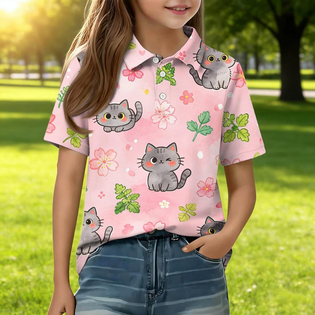 Kids Short Sleeve Polo Shirt Animal Print Casual Top Button Down Collar Lightweight Summer Tee for Boys Girls