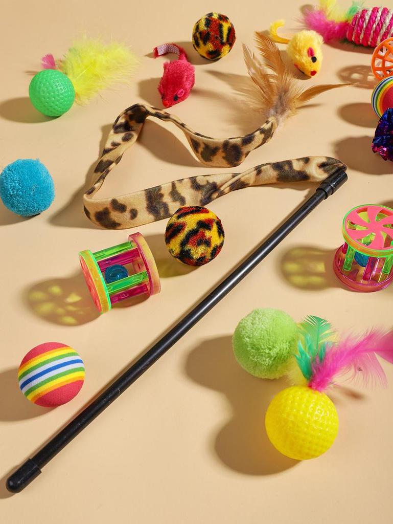 Pet Toy Set: 21-Piece Cat Tunnel, Sisal Mouse, Rainbow Ball, Crinkle Paper, Cat Teaser Stick Combo