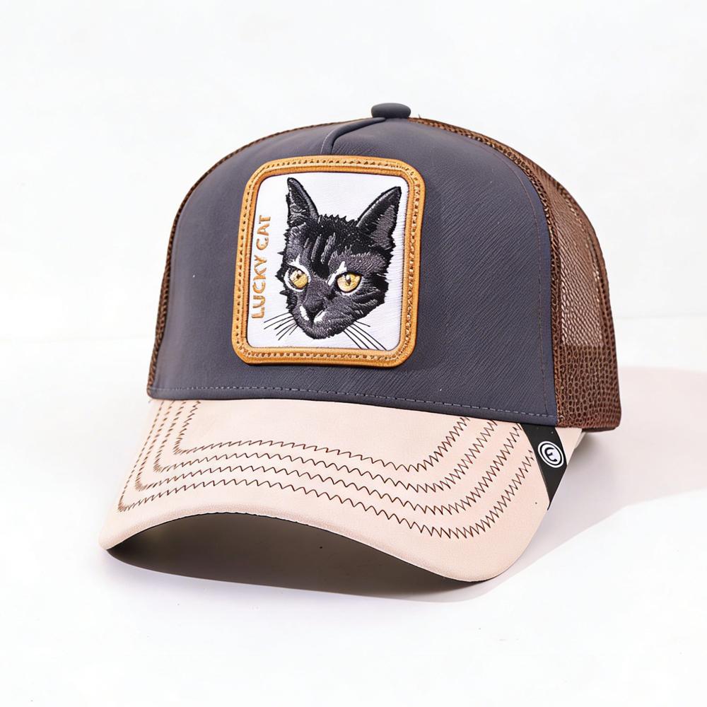1PC Mesh Trucker Hat, Breathable, Embroidered Lucky Cat Patch, Color Block Streetwear