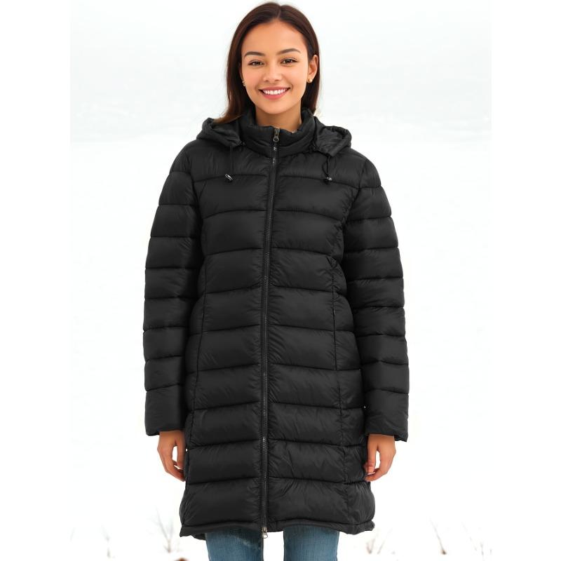 Women Autumn Winter Hooded Padded Warm Solid Color Medium Long Cotton Coat