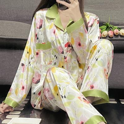 Women's Sleepwear Set Autumn Pajamas Set Turn Down Collar Faux Silk Satin Green Long Sleeve Flower Print Female Pijama Home Wear