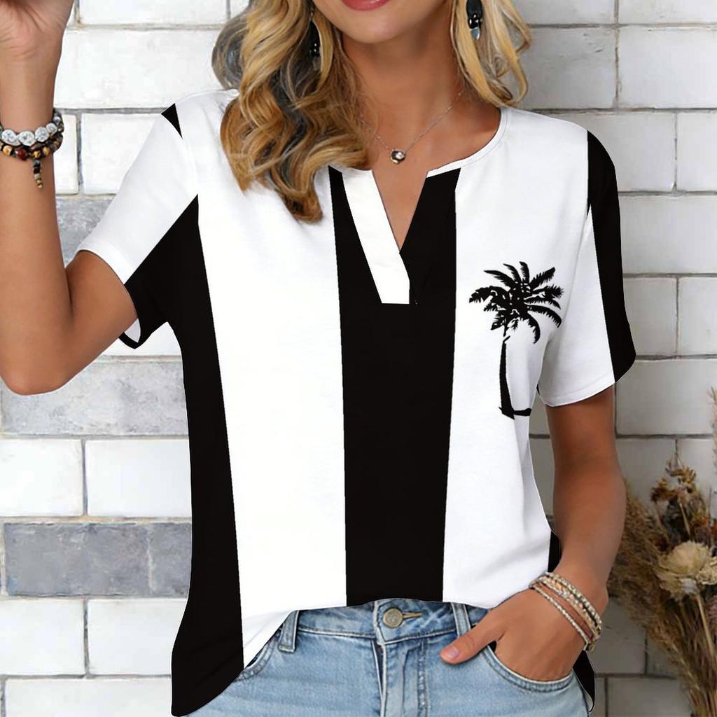 Women Blue Ocean Coconut Palm Beach Print Short Sleeve V Neck Blouse