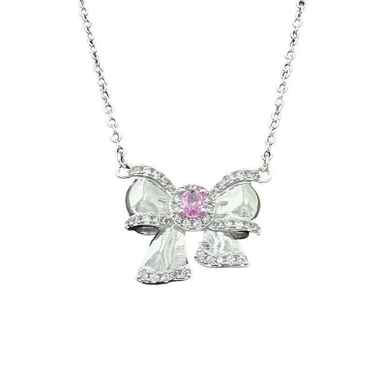 Sweet Princess Style Silver Asymmetrical Bow Necklace Slightly Inlaid Pink Treasure Sweet Premium Clavicle Chain Female