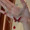 Red Enamel Butterfly Tassels Multi Layer Necklace Elegant Adjustable Length Neckchain Alloy Jewelry Gift for Women