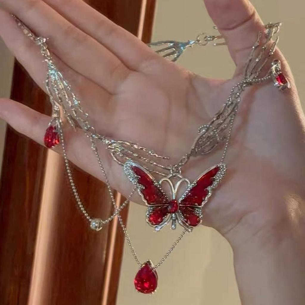 Red Enamel Butterfly Tassels Multi Layer Necklace Elegant Adjustable Length Neckchain Alloy Jewelry Gift for Women