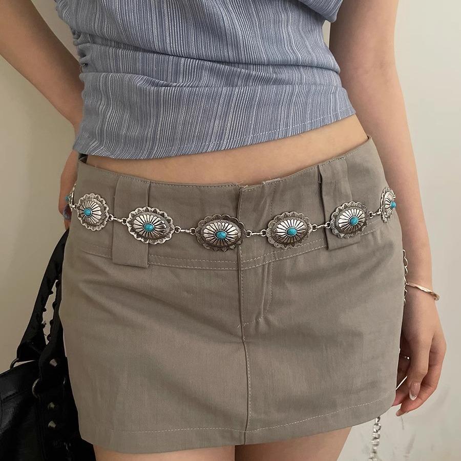 Retro Ethnic Style Belt Women'S Brown Printing Design Sense Matching Skirt Jeans Belt Texture Metal Waist Chain