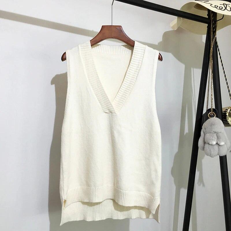 V-neck Knitted Vest Womens Sweater Autumn And Winter 2023 Vinatge Loose Pullover Women Vest Sleeveless Sweaters Fashion 11810