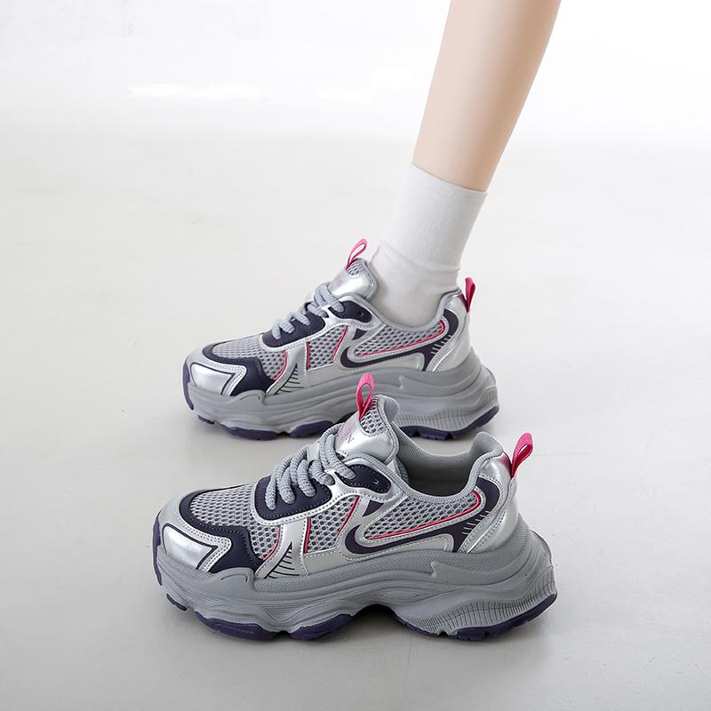 Jaro a Podzim Nové Dámské Boty Kůže Prodyšné Stříbrné Ležérní Boty Síťovina Silná Podrážka Měkká Podrážka Ultra Lehké Tenisky