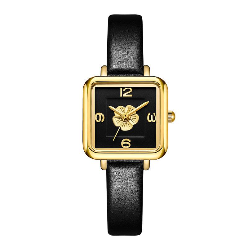 Light Luxury Camellia Women'S Watch High Value Small Sugar Cube Student Watch Niche High-End Black Gold Quartz Watch
