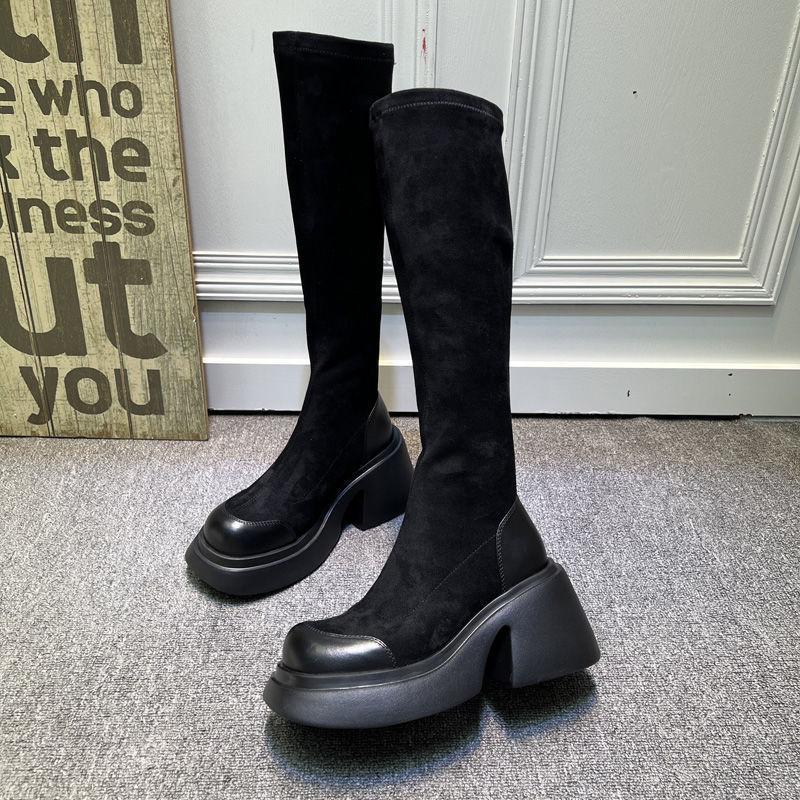 2025 European Station Autumn and Winter New Muffin Thick-soled Thick Heel Heel Heightened and Thin Elastic Boots High Boots Martin Boots